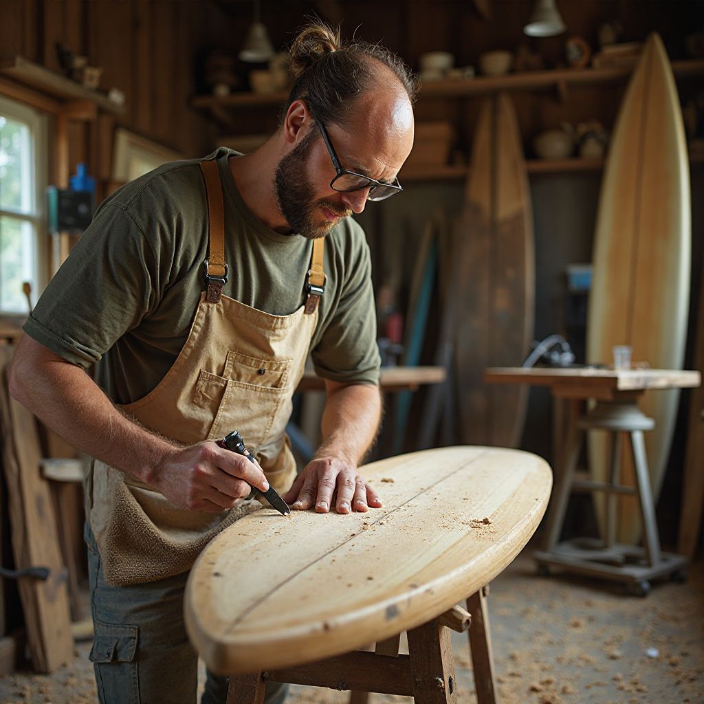 Master shaper working on a surfboard