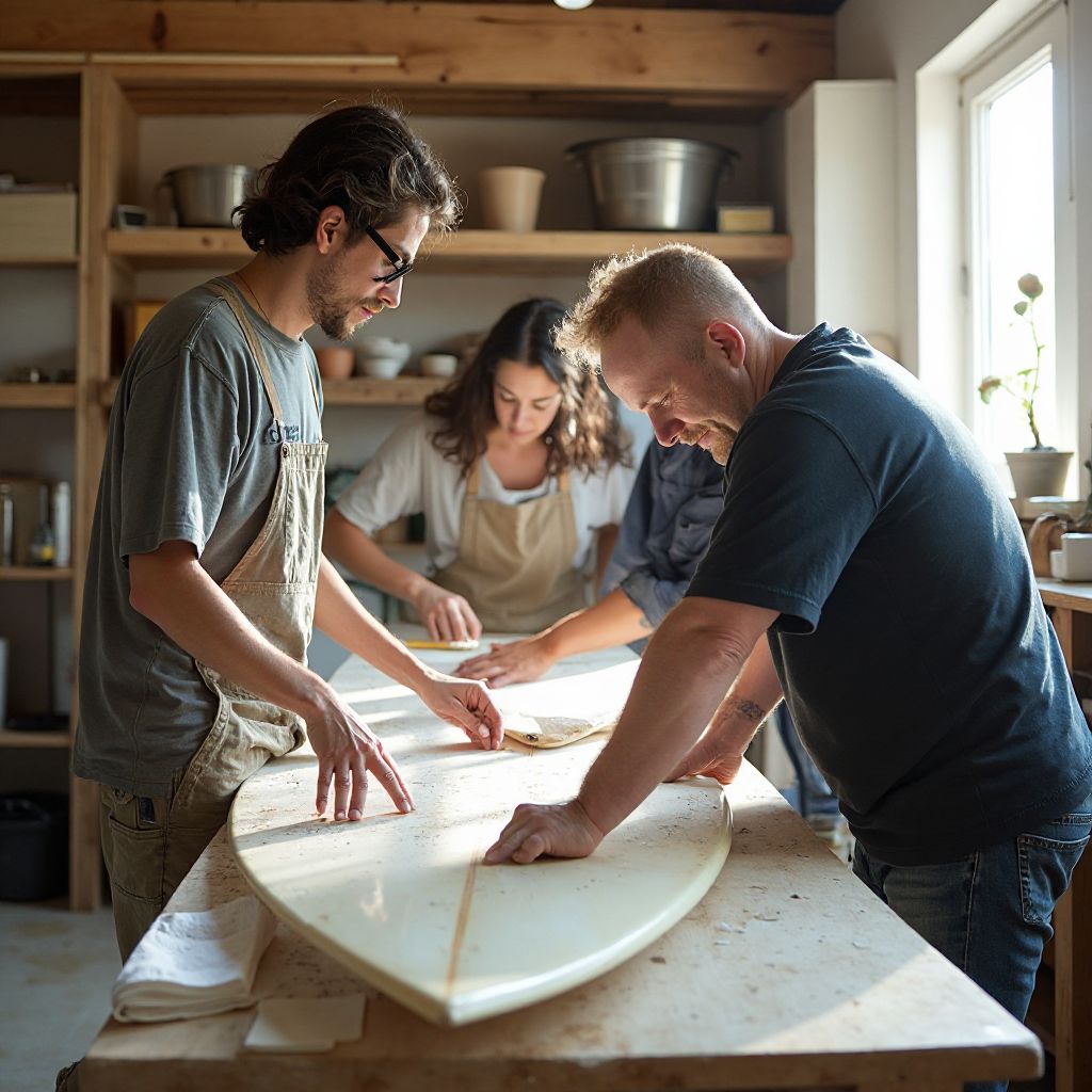 Instructor teaching surfboard shaping